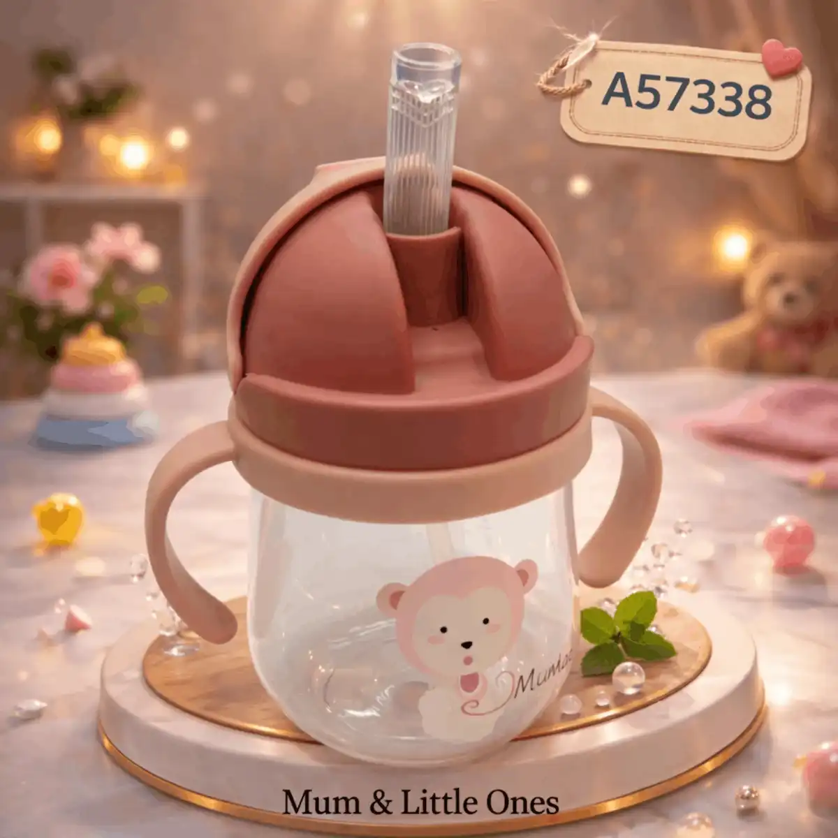 Soft Pink Monkey Straw Cup